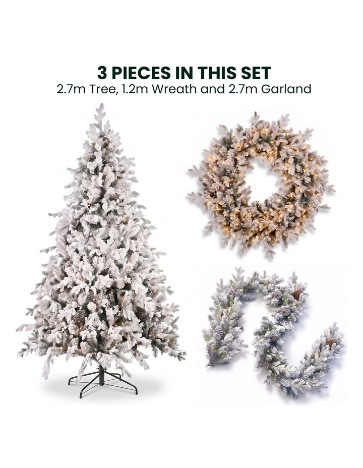 Christabelle Snowy Dorchester Pre-Lit Christmas Tree 9ft 2.7m, Flocked LED Wreath 1.2m or Garland image 5