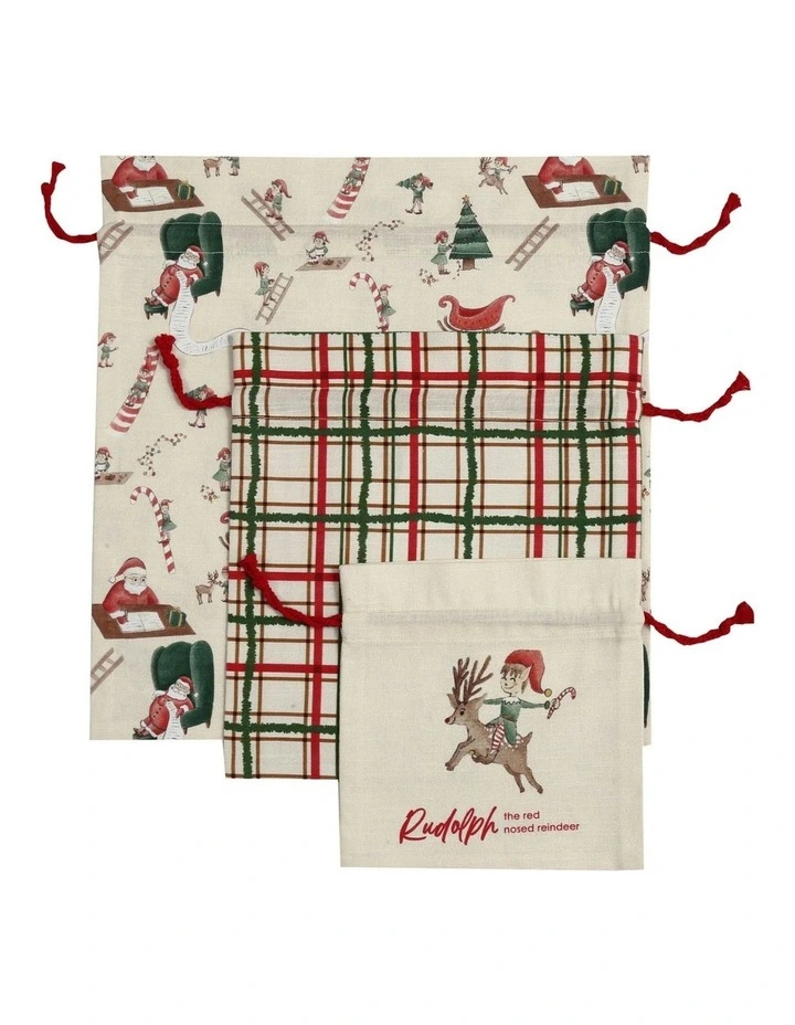 Santa's Workshop Gift Bag Set 38x40cm, 28x30cm & 20x20cm Beige image 1