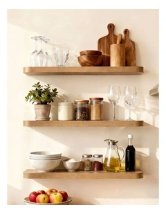 Takara Seiso Curved Corner Floating Wall Shelves Display Rack (Set of 3) in Honey Oak