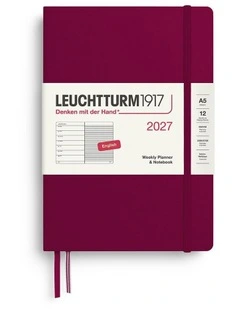 Weekly Planner & Notebook Medium (A5) 2027, Ruled, Port Red