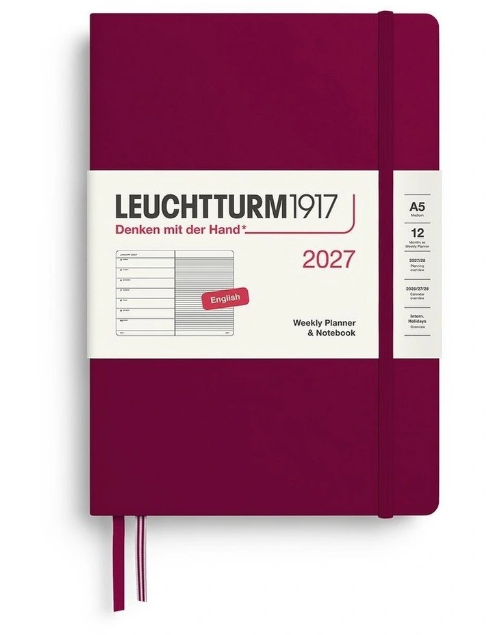 Weekly Planner & Notebook Medium (A5) 2027, Ruled, Port Red image 1