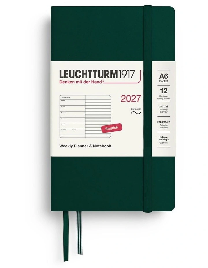 Weekly Planner & Notebook Pocket (A6) 2027, Softcover, Ruled, Forest Green image 1