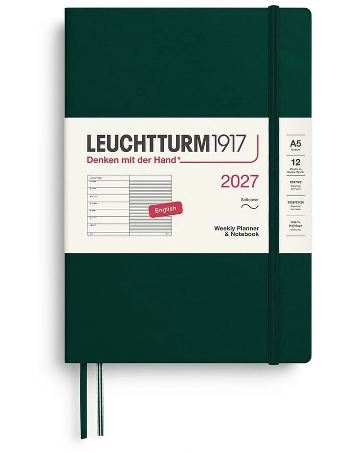 Weekly Planner & Notebook Medium (A5) 2027, Softcover, Ruled, Forest Green image 1