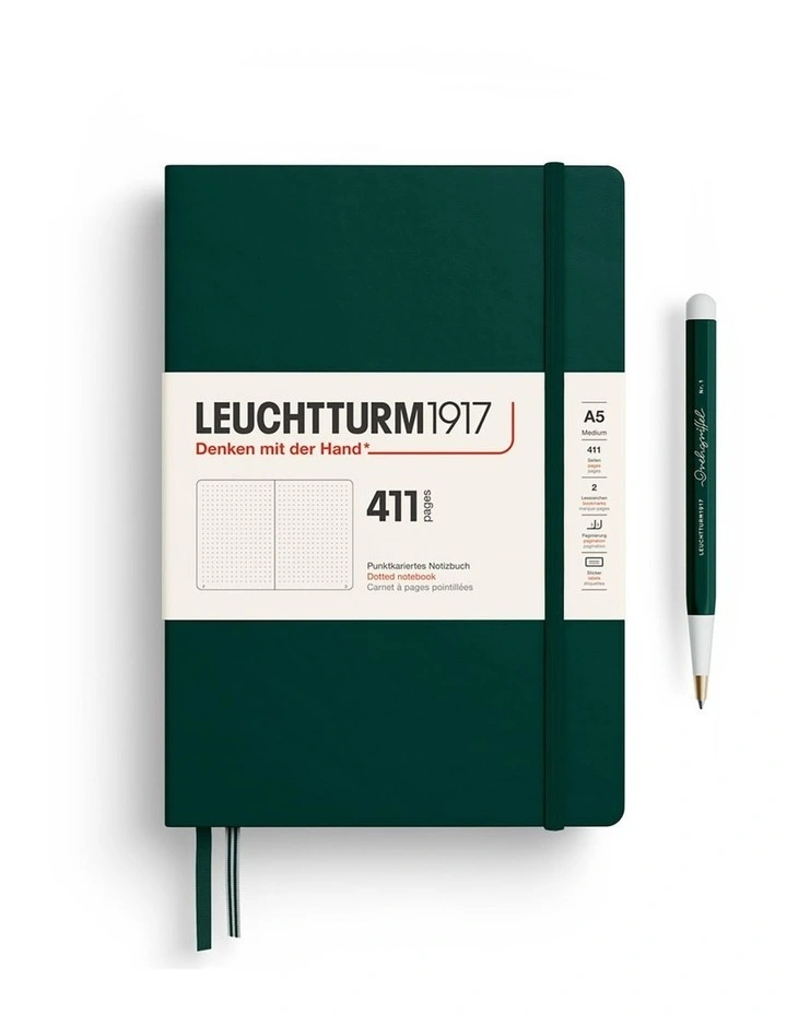 Notebook Medium (A5) Hardcover, 411 Numbered pages, Dotted, Forest Green image 1