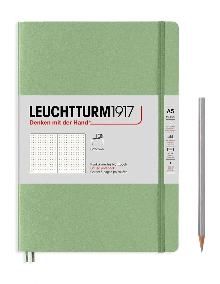 Notebook Medium (A5) Dotted, Softcover, 123 Numbered Pages, Muted Colours - Sage image 1