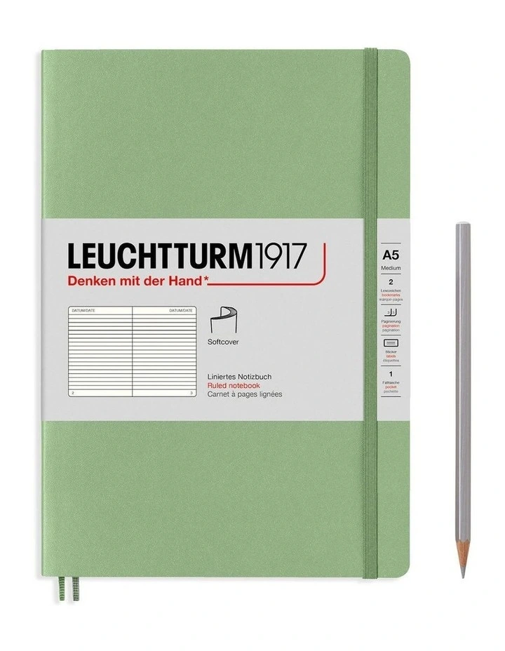 Notebook Medium (A5) Ruled, Softcover, 123 Numbered Pages, Muted Colours - Sage image 1
