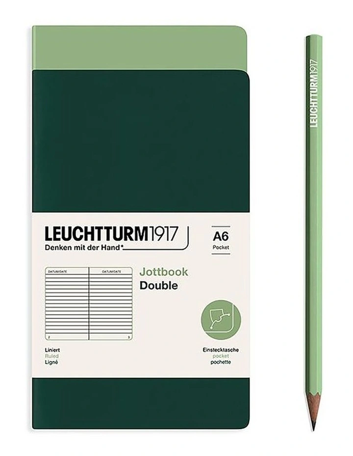 Jottbook (A6) 59 numbered pages, Ruled, sage and forest green, in a double pack image 1