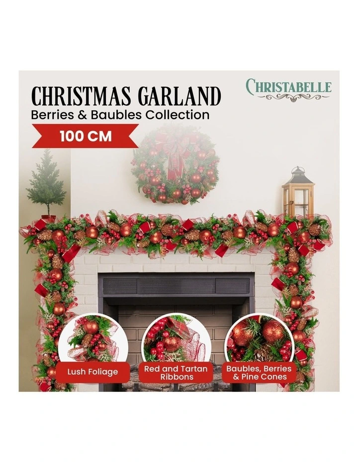 Christabelle 1m Christmas Garland with Red Berries Pine Cones Baubles Berries Tree Decoration image 5