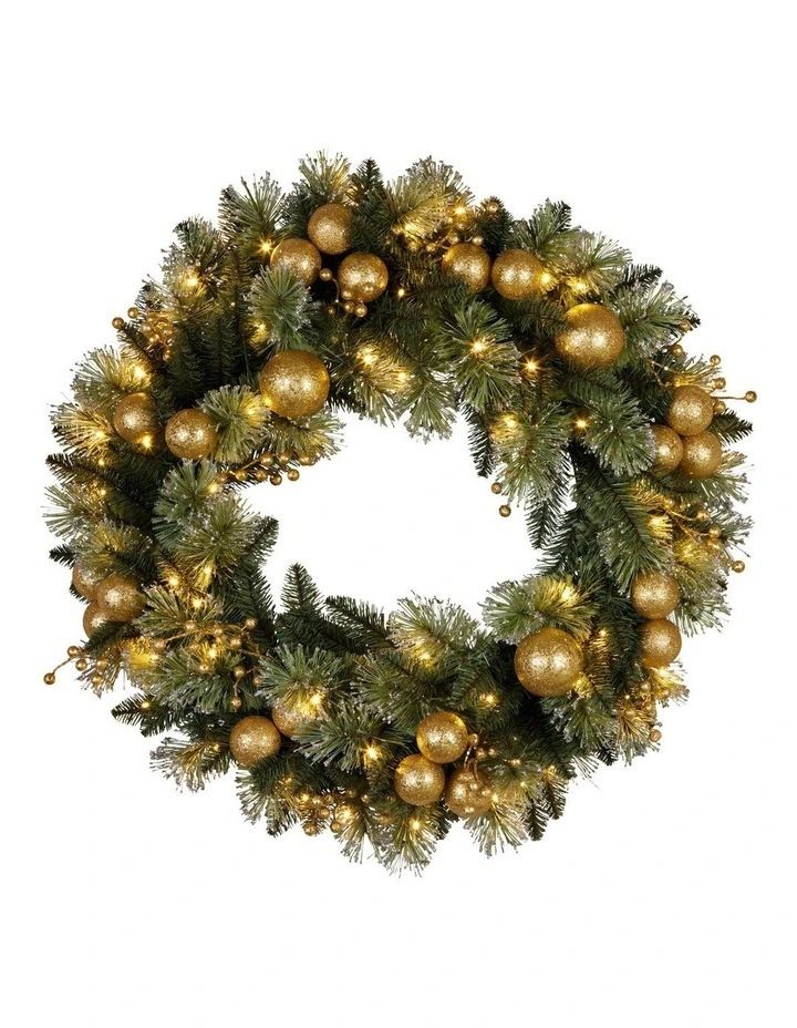 Christabelle 61cm Christmas Wreath Glittery with LED Lights Golden Baubles Front Door Decoration image 1