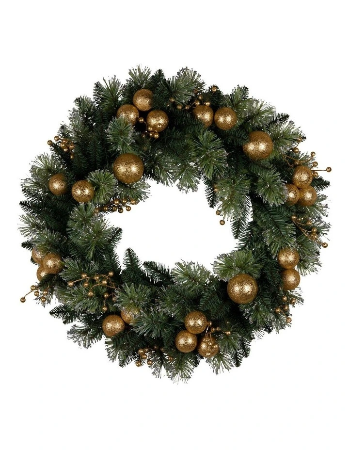 Christabelle 61cm Christmas Wreath Glittery with LED Lights Golden Baubles Front Door Decoration image 2