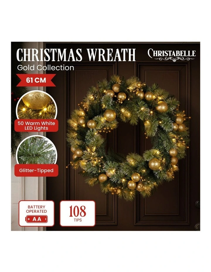 Christabelle 61cm Christmas Wreath Glittery with LED Lights Golden Baubles Front Door Decoration image 3