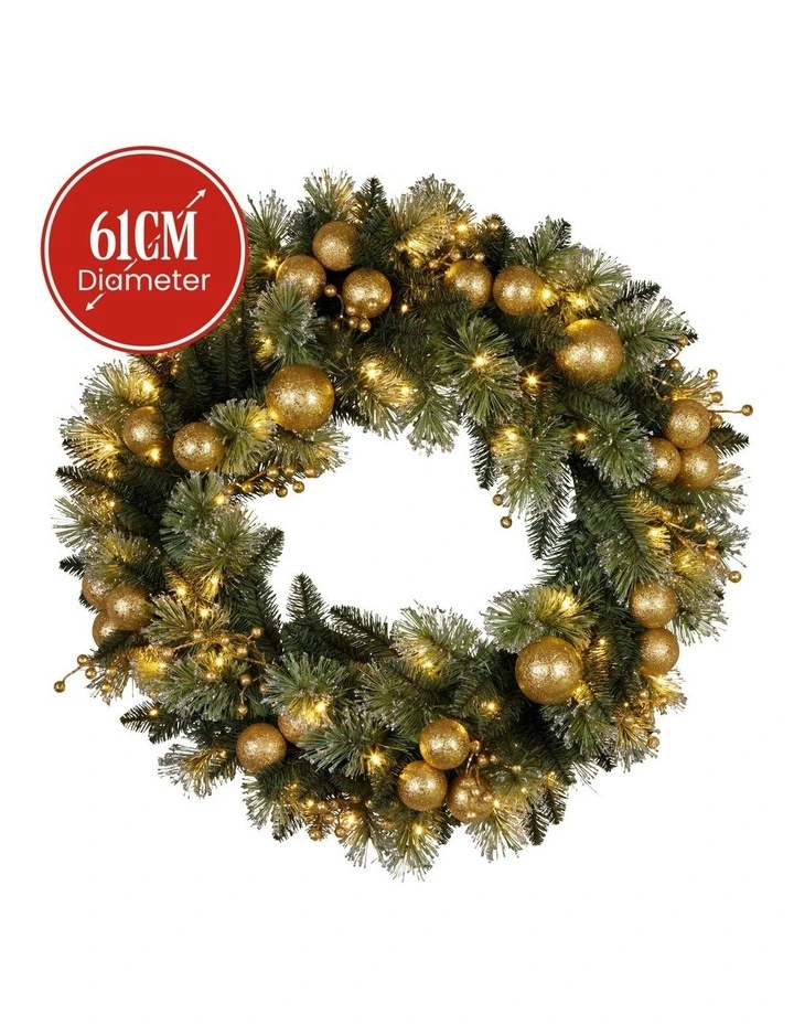 Christabelle 61cm Christmas Wreath Glittery with LED Lights Golden Baubles Front Door Decoration image 4