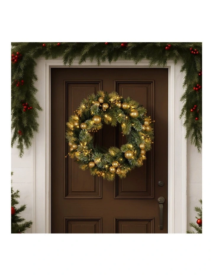 Christabelle 61cm Christmas Wreath Glittery with LED Lights Golden Baubles Front Door Decoration image 6
