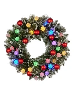 61cm Christmas Wreath Snowy Bristle with LED Lights Multicolour Front Door Decoration