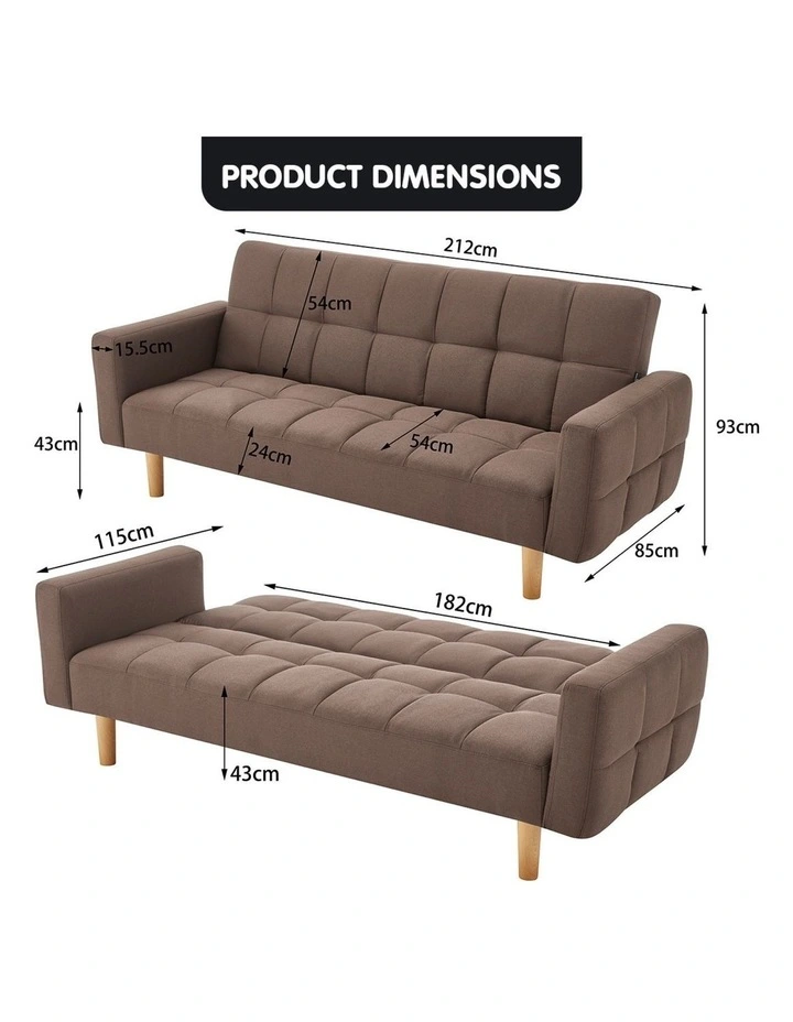 3-Seater Fabric Sofa Bed Futon - Brown image 3