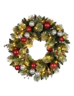 61cm Christmas Wreath with LED Lights Baubles Berries Red Silver Front Door Decoration