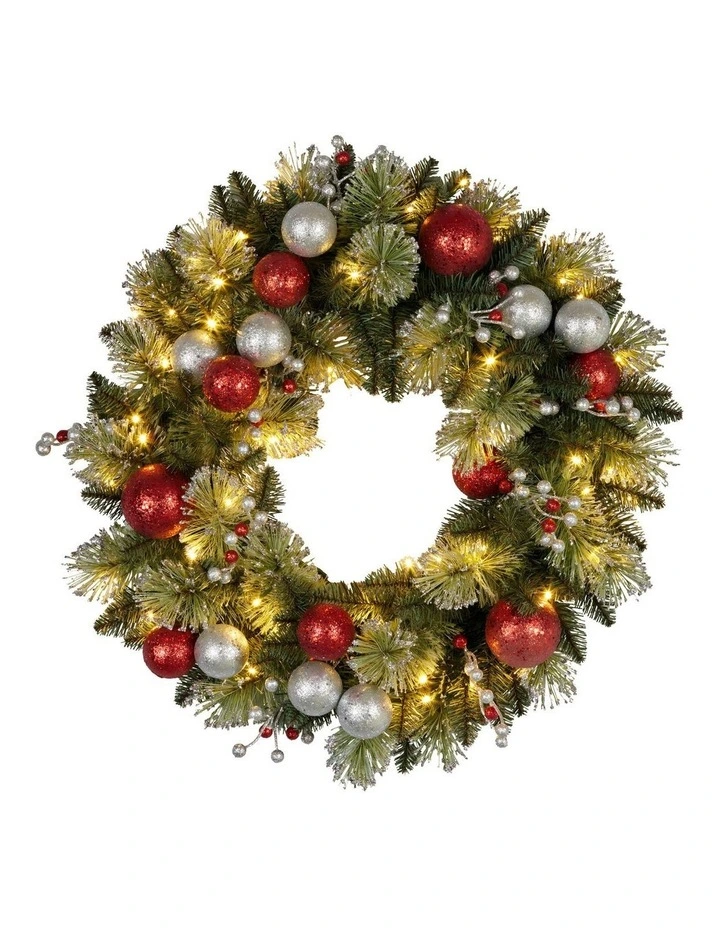 61cm Christmas Wreath with LED Lights Baubles Berries Red Silver Front Door Decoration image 1