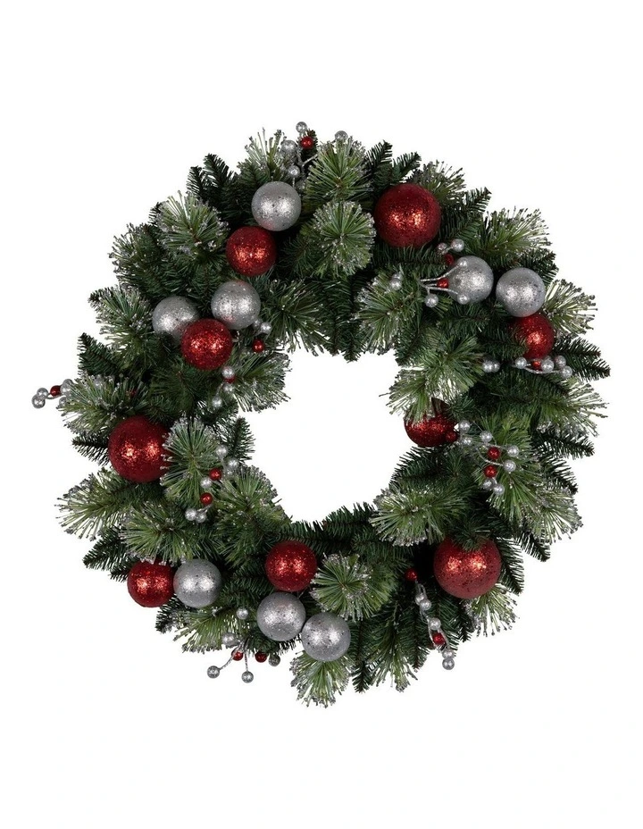 61cm Christmas Wreath with LED Lights Baubles Berries Red Silver Front Door Decoration image 2