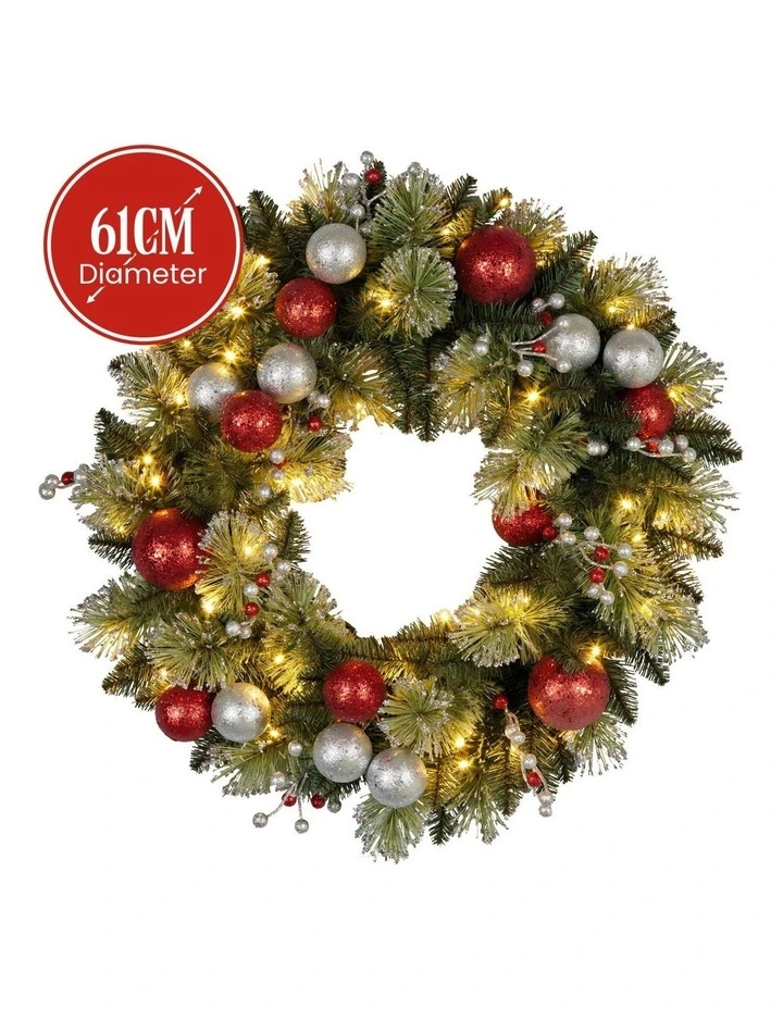 61cm Christmas Wreath with LED Lights Baubles Berries Red Silver Front Door Decoration image 3