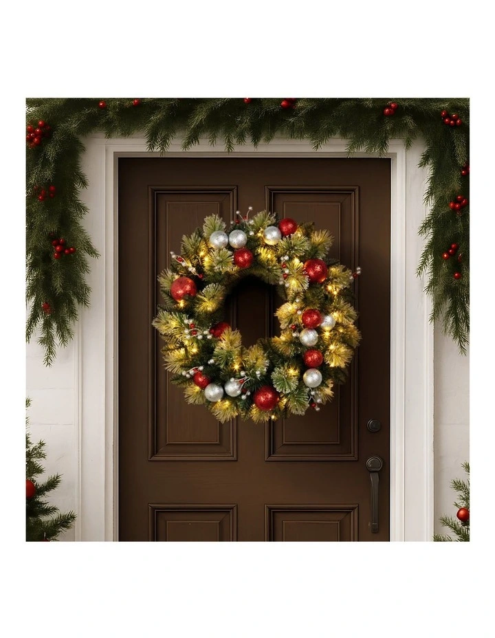 61cm Christmas Wreath with LED Lights Baubles Berries Red Silver Front Door Decoration image 5