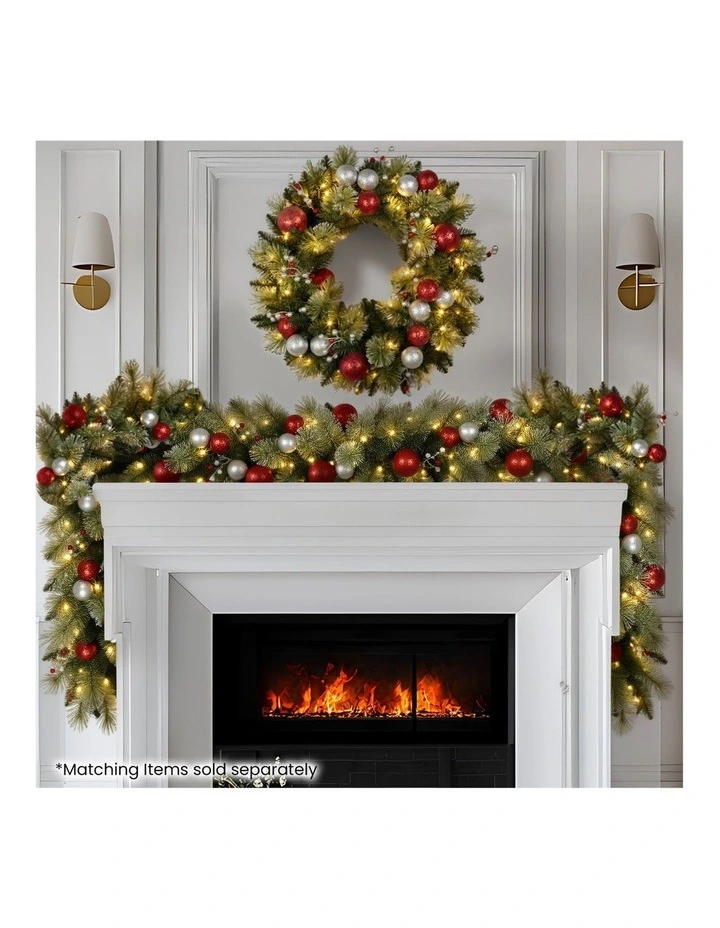 61cm Christmas Wreath with LED Lights Baubles Berries Red Silver Front Door Decoration image 6