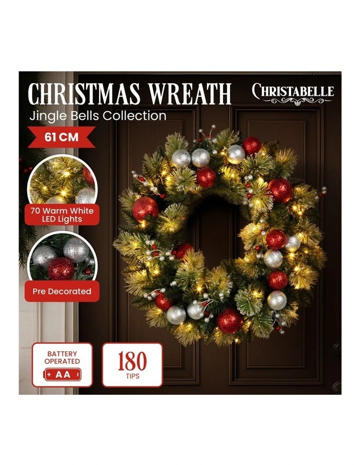 61cm Christmas Wreath with LED Lights Baubles Berries Red Silver Front Door Decoration image 7