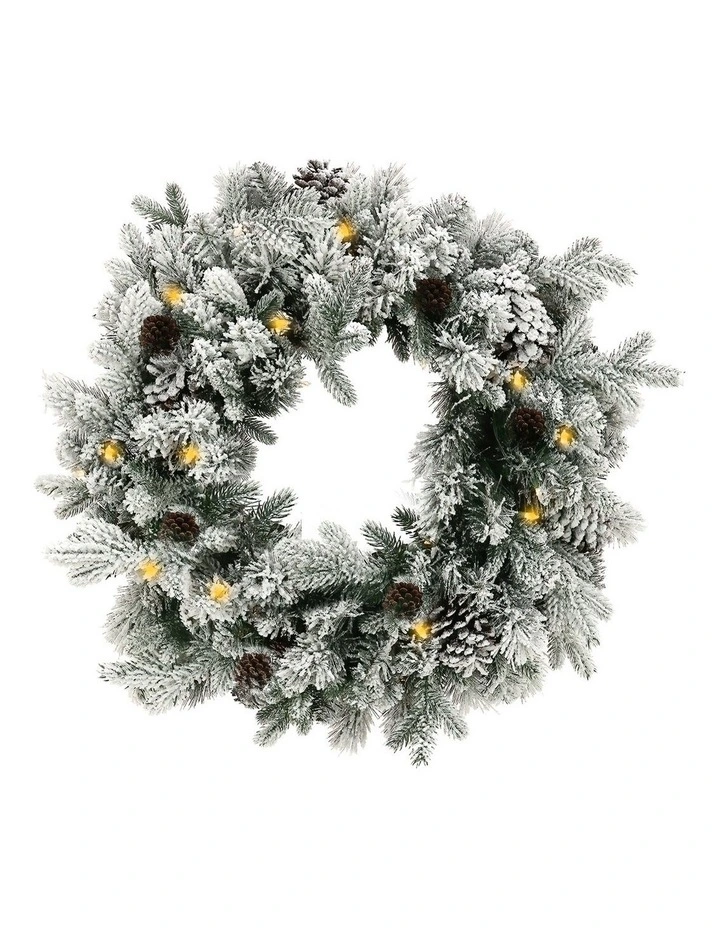 Christabelle 61cm Snowy Christmas Wreath with LED Lights Dorchester Pine Cones Front Door image 1