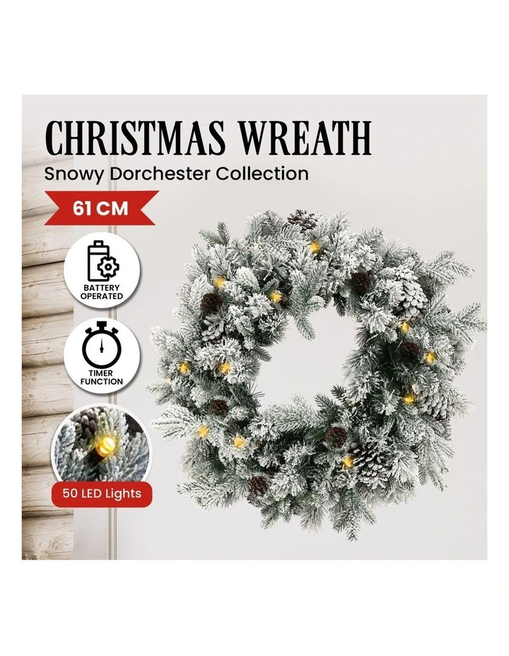 Christabelle 61cm Snowy Christmas Wreath with LED Lights Dorchester Pine Cones Front Door image 6
