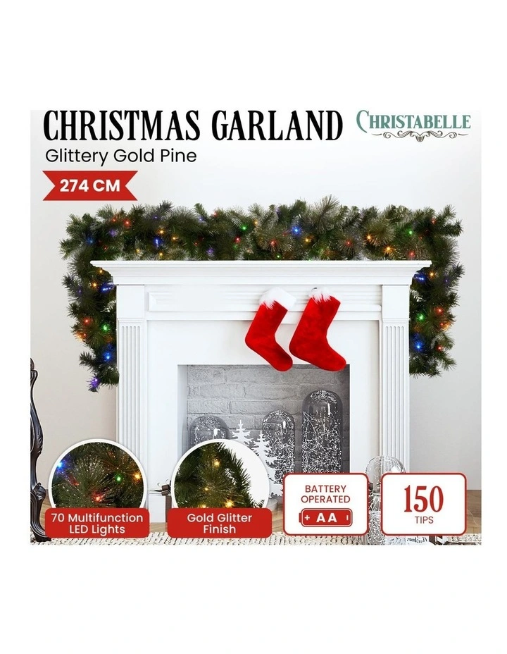 2.7m Christmas Garland with LED Lights Glittery Gold Pine Mantle Decoration Ornament image 2