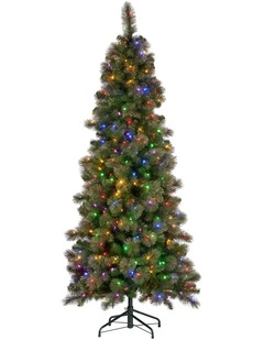 7.5ft Christmas Tree Slim Glittery Gold Pine LED Lights Xmas Decor