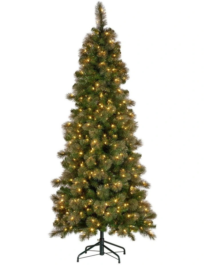 7.5ft Christmas Tree Slim Glittery Gold Pine LED Lights Xmas Decor image 2
