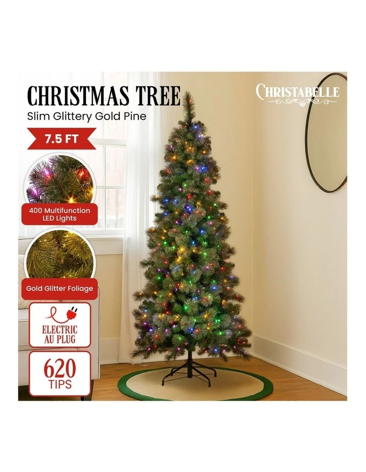 7.5ft Christmas Tree Slim Glittery Gold Pine LED Lights Xmas Decor image 4
