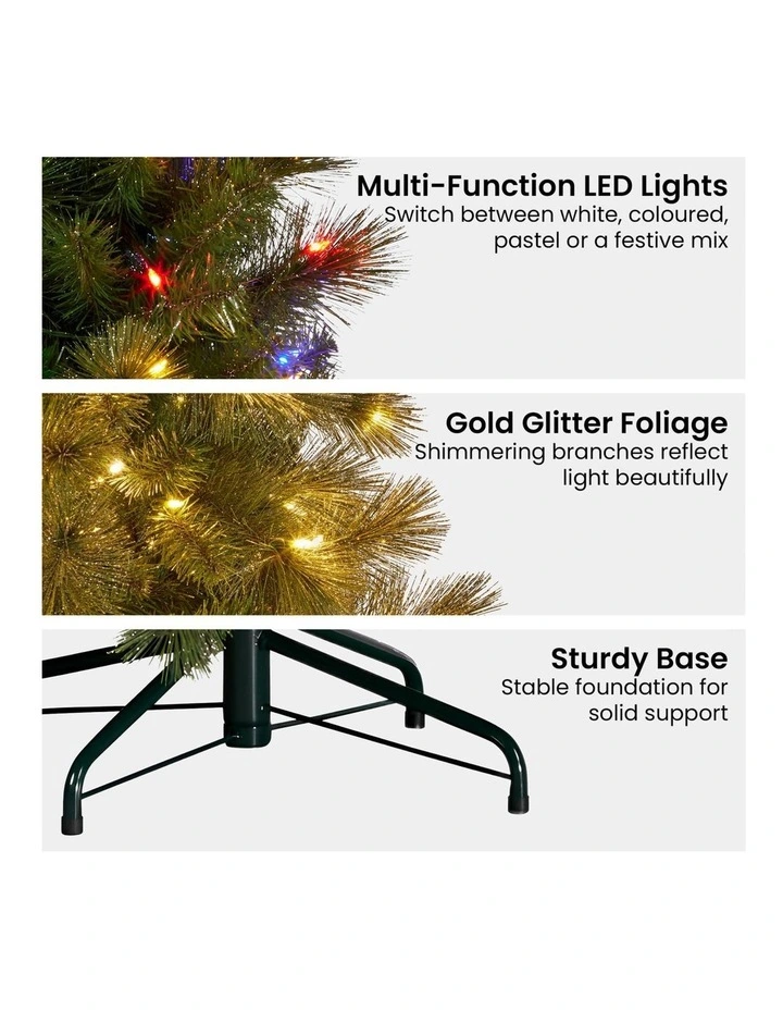 7.5ft Christmas Tree Slim Glittery Gold Pine LED Lights Xmas Decor image 6