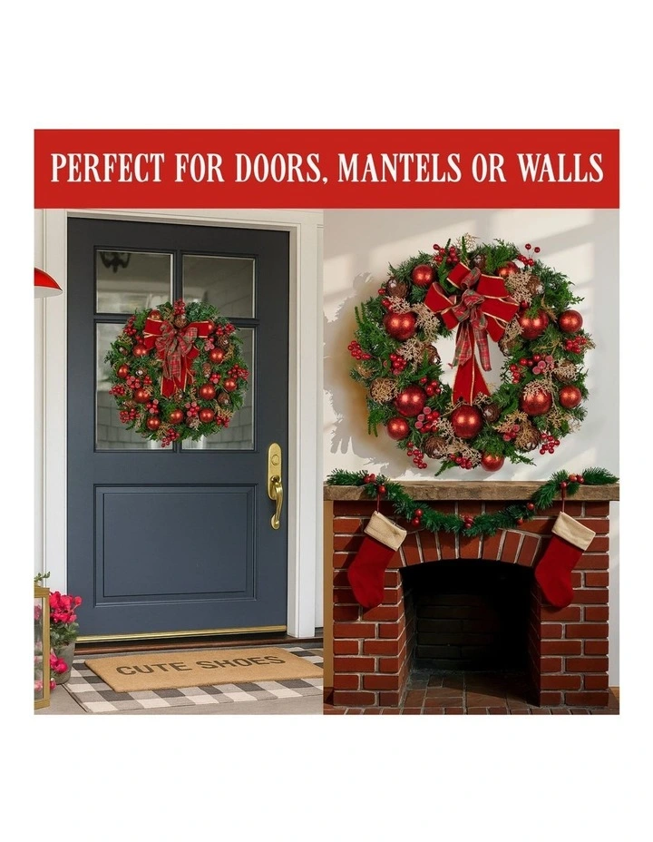 Christabelle Stunning 71cm Christmas Wreath Lush Red Baubles Berries Pine Cones and Bow Front Door image 3
