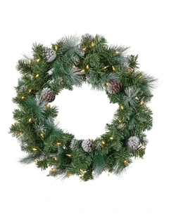 61cm Christmas Wreath Bayville Pine with LED Lights Front Door Decoration Ornament
