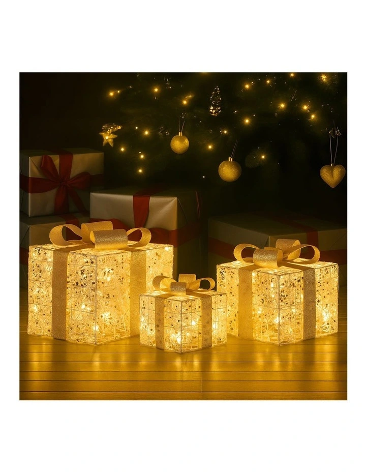 Christabelle Set of 3 Battery Operated Golden Christmas Gift Boxes Warm White LED Lights Indoor image 5