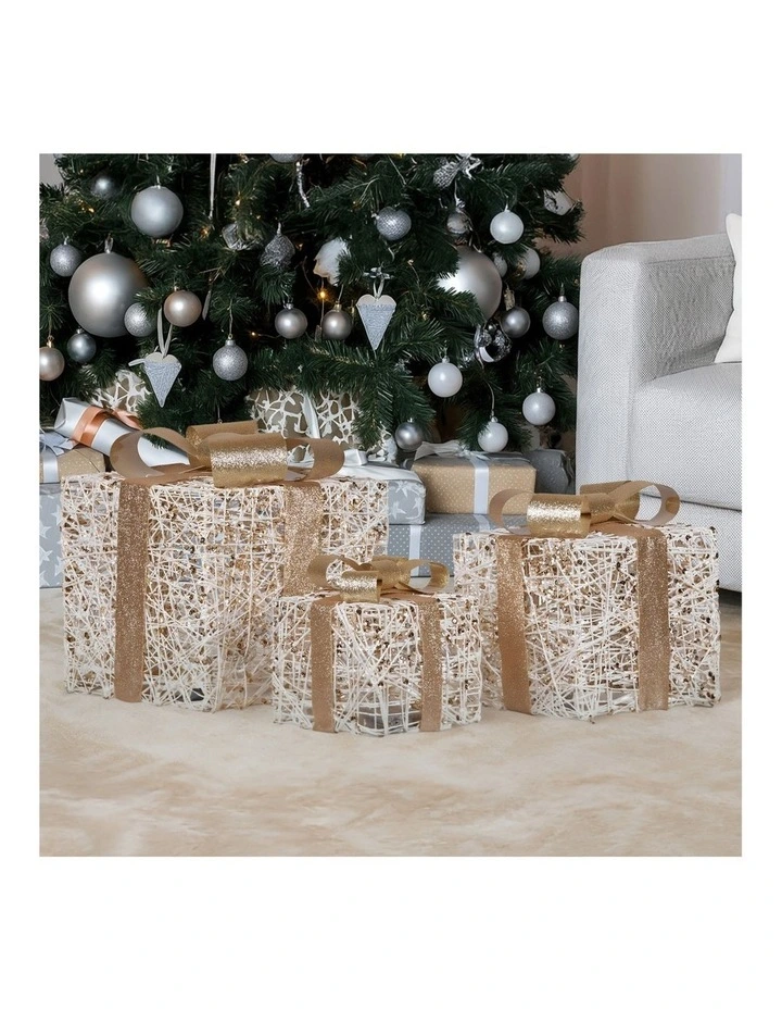 Christabelle Set of 3 Battery Operated Golden Christmas Gift Boxes Warm White LED Lights Indoor image 6