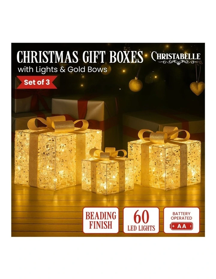 Christabelle Set of 3 Battery Operated Golden Christmas Gift Boxes Warm White LED Lights Indoor image 7