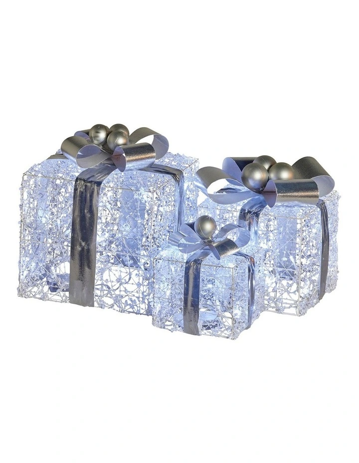 Christabelle Set of 3 Christmas Gift Boxes Display With Lights Jewelled Wire and Silver Bows image 1