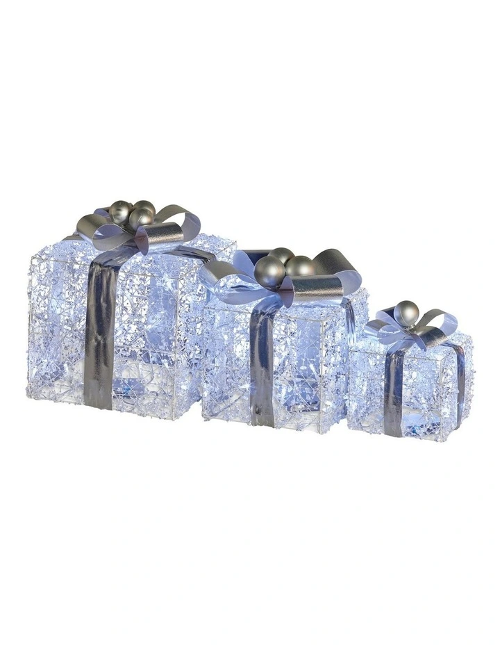 Christabelle Set of 3 Christmas Gift Boxes Display With Lights Jewelled Wire and Silver Bows image 2