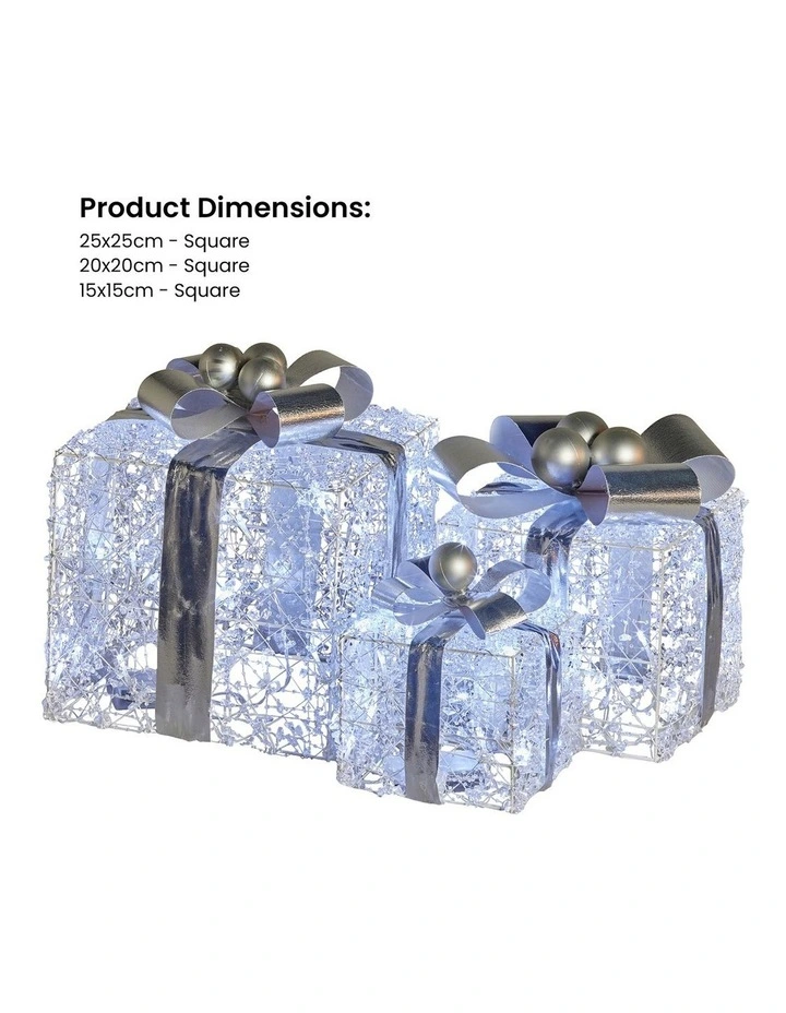 Christabelle Set of 3 Christmas Gift Boxes Display With Lights Jewelled Wire and Silver Bows image 3