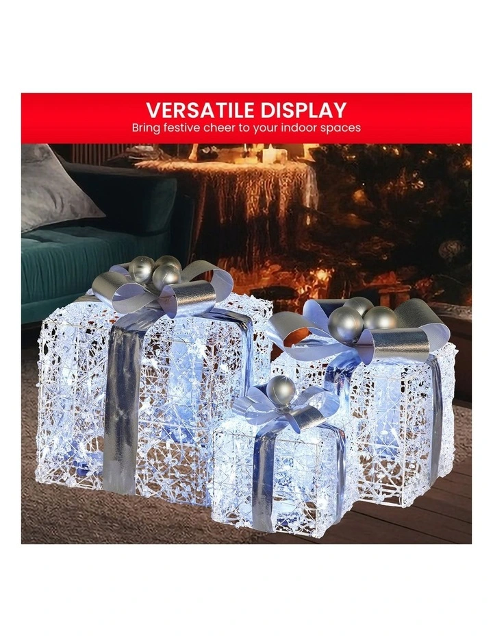 Christabelle Set of 3 Christmas Gift Boxes Display With Lights Jewelled Wire and Silver Bows image 5