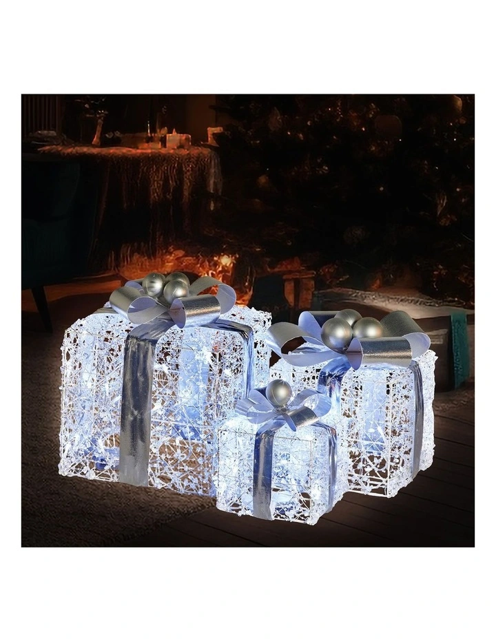 Christabelle Set of 3 Christmas Gift Boxes Display With Lights Jewelled Wire and Silver Bows image 6