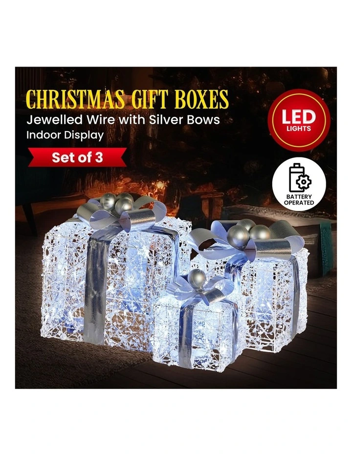Christabelle Set of 3 Christmas Gift Boxes Display With Lights Jewelled Wire and Silver Bows image 7