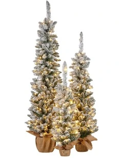 Christabelle Snowy Pine Christmas Trees Set of 3 with LED Lights & Hessian Base