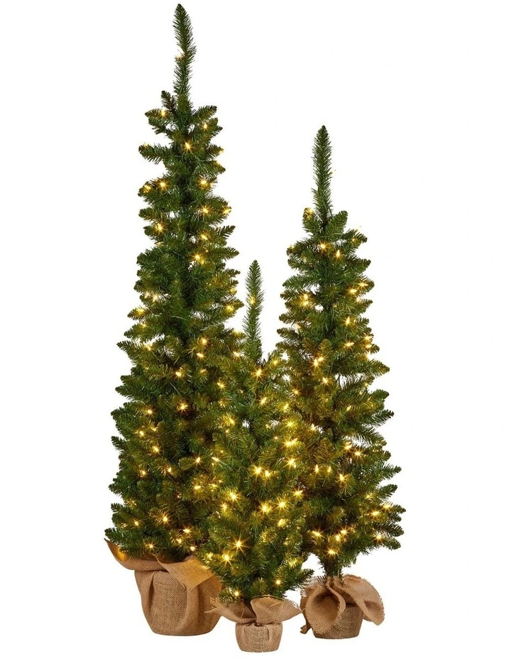 Christabelle Set of 3 Pre-Lit Christmas Trees Green Pine LED Lights Hessian Base Individual Plugs image 1