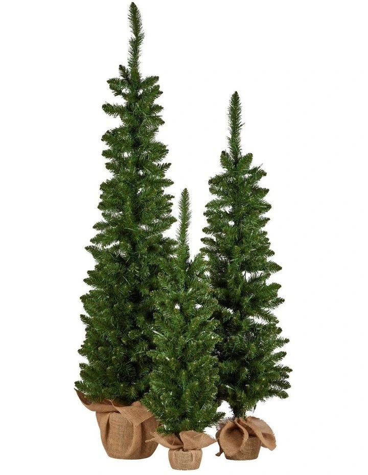 Christabelle Set of 3 Pre-Lit Christmas Trees Green Pine LED Lights Hessian Base Individual Plugs image 2