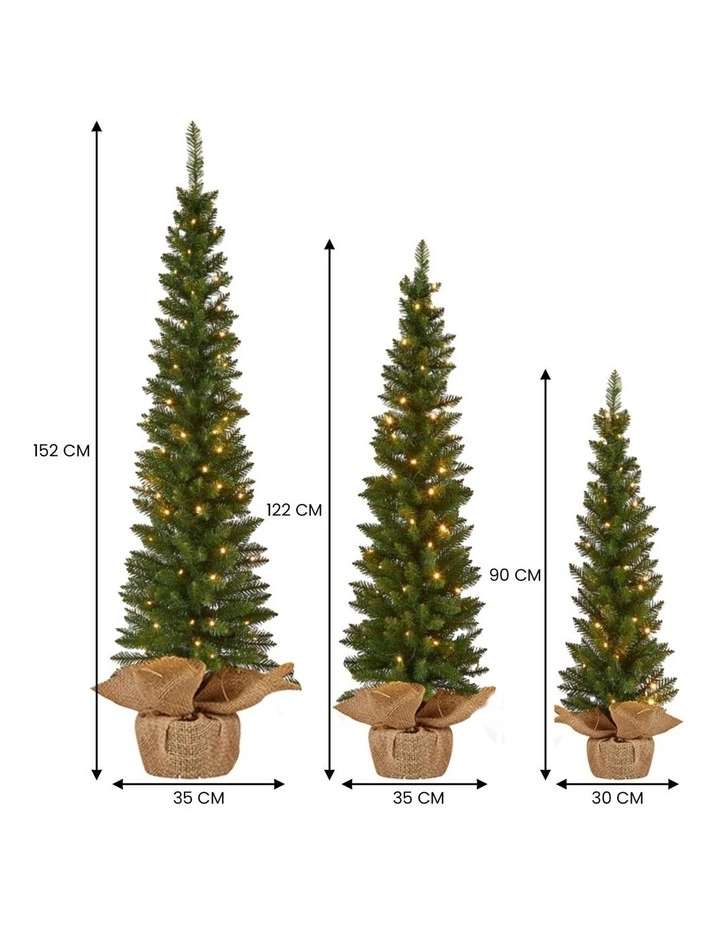 Christabelle Set of 3 Pre-Lit Christmas Trees Green Pine LED Lights Hessian Base Individual Plugs image 3