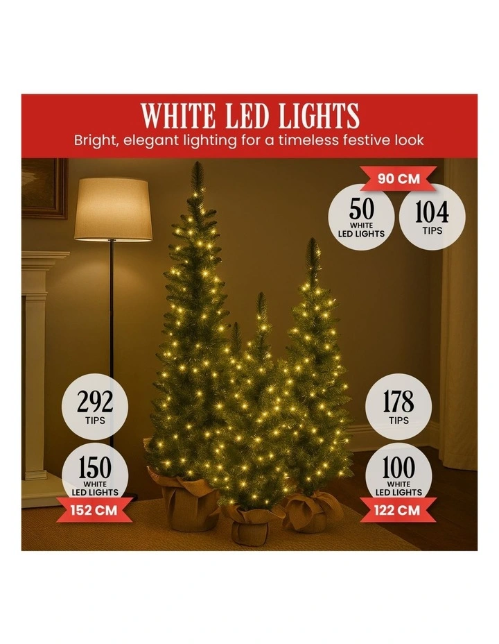 Christabelle Set of 3 Pre-Lit Christmas Trees Green Pine LED Lights Hessian Base Individual Plugs image 5