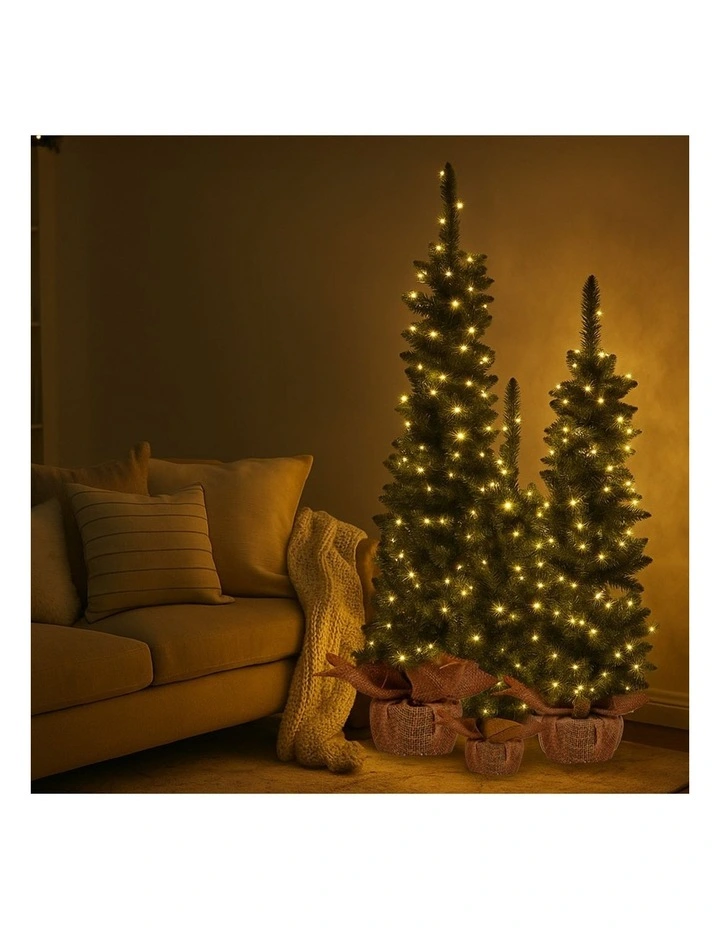 Christabelle Set of 3 Pre-Lit Christmas Trees Green Pine LED Lights Hessian Base Individual Plugs image 6